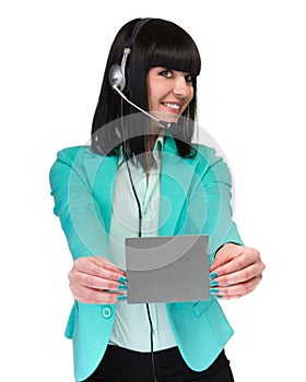 Happy smiling young business woman showing blank signboard