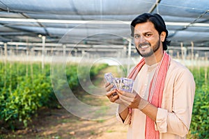 Happy smiling young farmer at greenhouse looking at camera while couting money or currency notes - concept of successful
