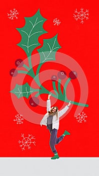 Happy, smiling young girl with giant branch of viburnum over red background. Contemporary art collage. Poster. Christmas