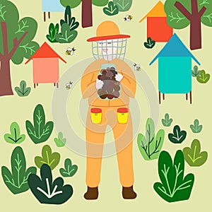 Happy smiling young girl in orange beekeeper costume holding a jar with balls of propolis. Vector illustration with an