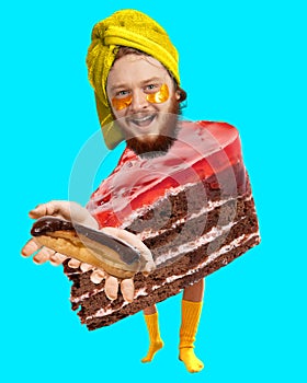 Happy smiling young man doing home spa and eating eclair, cake. Sweet life. Contemporary art collage.