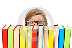 Happy smiling young student woman with books, isolated