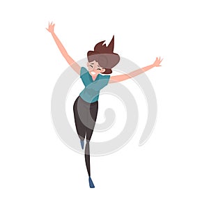 Happy Smiling Young Woman Running with Arms Outstretched, Rejoicing Positive Girl Character Vector Illustration