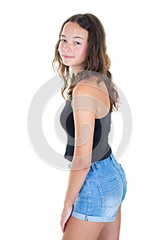 Happy smiling young woman on summer short jeans in white background