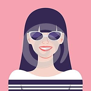 Happy smiling young woman wearing sunglasses. Portrait or avatar of a girl with long bangs hair in sunglasses