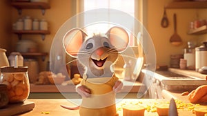 A happy smilling mouse standing behind the counter in their cottage kitchen in the sunset.Generative AI