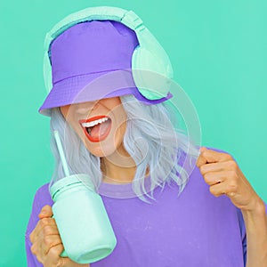 Happy Smoothie Dj Girl in stylish headphones and bucket hats. Minimal monochrome pastel colours design trends