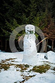 Happy snow man and the trees in winter