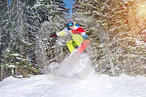 Snowboarder backcountry jump offpiste against frozen forest photo