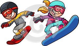 Happy snowboarding boy and girl