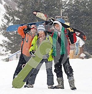 Happy snowboarding team, health lifestyle