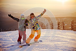 Happy snowboarding team photo