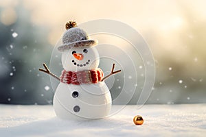 Happy snowman with big smile wearing hat and scarf at snow forest, Christmas and winter background. Generative AI