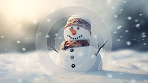 Happy snowman with big smile wearing hat and scarf at snow forest, Christmas and winter background. Generative AI
