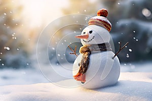 Happy snowman with big smile wearing hat and scarf at snow forest, Christmas and winter background. Generative AI
