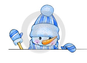 Happy snowman cartoon, hiding by blank.