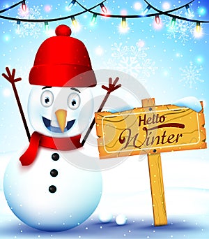 Happy Snowman Character With Hello Winter Greeting in Wood Sign in Snow Background