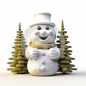 happy snowman between fir trees on white background