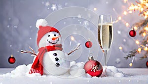 Happy snowman with a glass of champagne and christmas balls on the snow