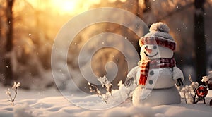 Happy snowman with Golden Sunrise or Sunset in winter forest beautiful scenery