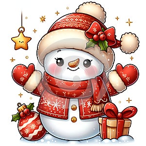 A happy snowman in holiday costums, with christmas gift, ball and stars, cartoon, cute christmas, warmimg, fantasy photo