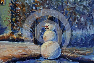 Happy snowman paintings. Christmas and New Year holiday oil painting