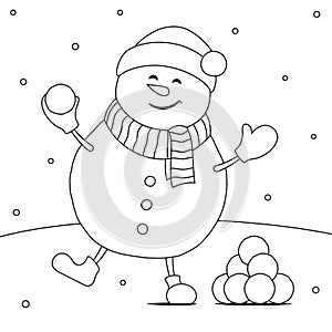 Happy snowman playing a snow ball fight game, coloring book page outline vector illustration