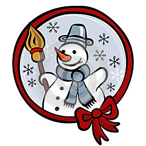 Happy snowman with red ribbon winter holidays card