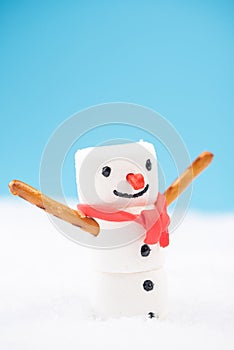 Happy Snowman in Snow. Marshmalow Sweet Festive Food