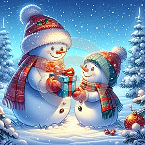 Happy snowman in the snow photo