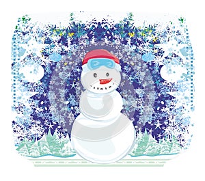 Happy snowman in snowy winter background