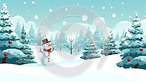 Happy snowman standing in Christmas winter landscape, Snow background