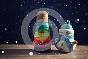 Happy snowman standing in dark winter christmas snow background. Merry christmas and happy new year greeting card with copy-space.