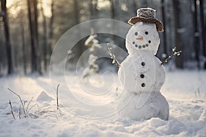 Happy snowman standing in winter christmas landscape. Snow background. ai generative