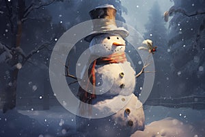 Happy snowman standing in winter christmas landscape. Snow background. ai generative