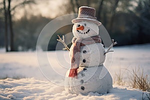 Happy snowman standing in winter christmas landscape. Snow background. ai generative