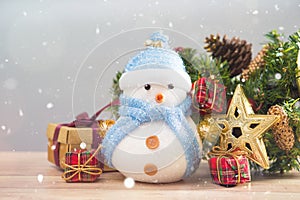 Happy snowman standing in winter christmas snow background. Merry christmas and happy new year greeting card with copy space.