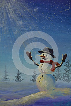 Happy snowman in sunny forest oil painting hand drawn illustration for new year