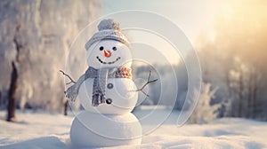 A happy snowman welcomes winter in a quiet snowy landscape on a sunny day