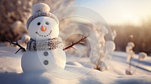 A happy snowman welcomes winter in a quiet snowy landscape on a sunny day