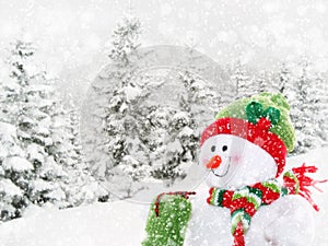 Happy snowman in winter landscape