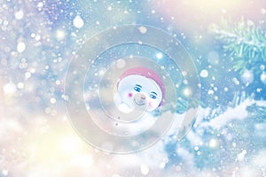 happy snowman. Winter landscape. Merry christmas and happy new year greeting card