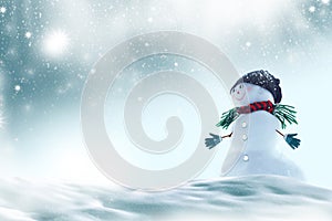 Happy snowman. Winter landscape. Merry christmas and happy new year greeting card