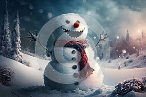 Happy snowman in winter secenery Generative AI