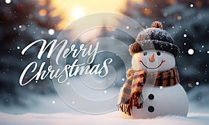 Happy snowman in winter secenery with Merry Christmas text. Christmas and new year greeting card wallpaper.