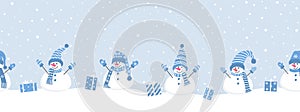 Happy snowmen have fun in winter holidays. Seamless border. Christmas background. Different snowmen with gifts under the snow