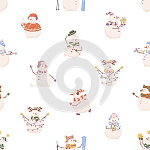 Happy snowmen pattern. Seamless Christmas background with snow men characters print. Endless Xmas backdrop design for