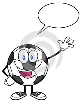 Happy Soccer Ball Cartoon Mascot Character Waving For Greeting With Speech Bubble