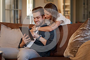 Happy, sofa and couple on tablet for social media meme, internet joke and watching videos. Home, living room and man and