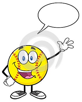 Happy Softball Cartoon Character Waving For Greeting With Speech Bubble